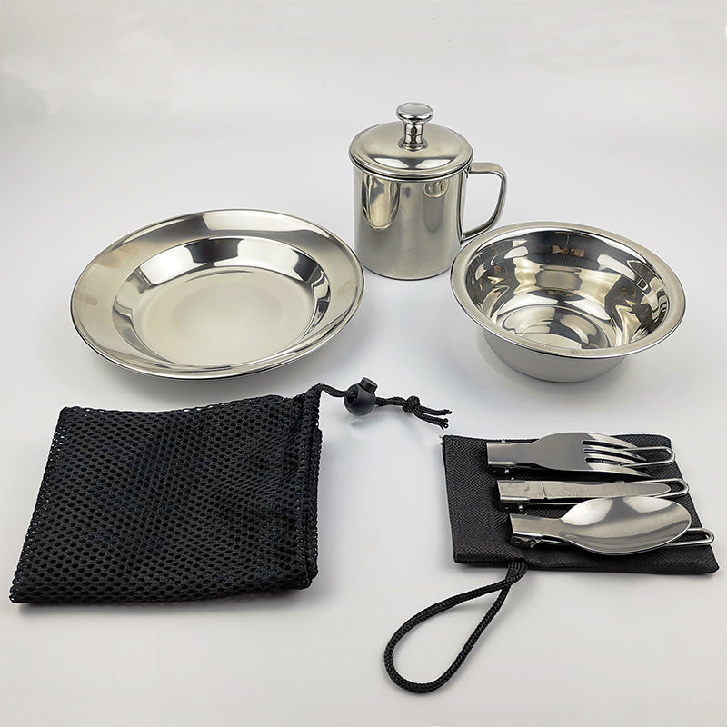 Single-Person Stainless Steel Camping Tableware Set